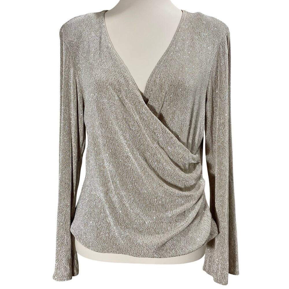 Vintage 90s Y2K Ruched Faux-Wrap Party Top Gold Glitter Metaphor Womens Size XL